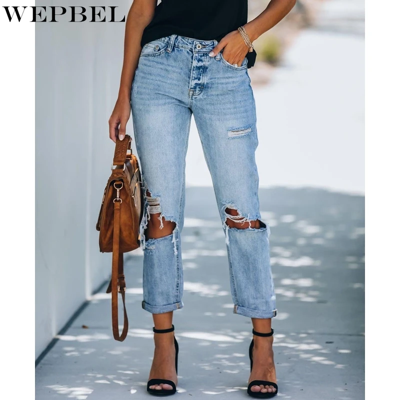 

WEPBEL Jeans Spring Summer High Waist Button Slim Denim Straight Pants Women's Casual Solid Color Hole Washed Denim Pants