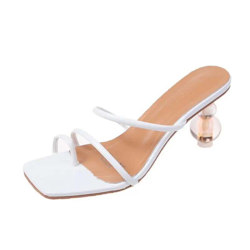 

2021 new summer one-word slippers crystal heel sandals female fish mouth toe brand thick heel