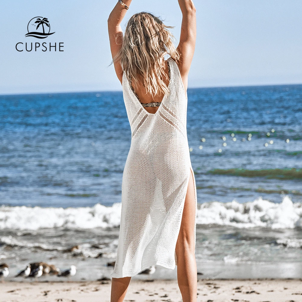 cupshe ivory v neck hollow out cover up woman swimsuit sexy side split sleeveless beach midi dress 2021 summer dress beachwear free global shipping