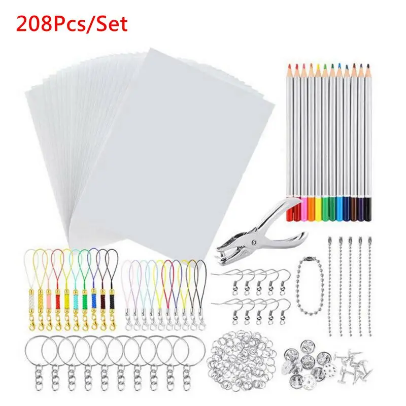 Juego de l&aacute;minas de pl&aacute;stico termorretr&aacute;ctiles para ni&ntilde;os, juego de llaveros DIY de 43/208 piezas, papel Shrinky, Kit de l&aacute;minas de pl&aacute;stico termorretr&aacute;ctiles, juguetes para padres e hijos-0