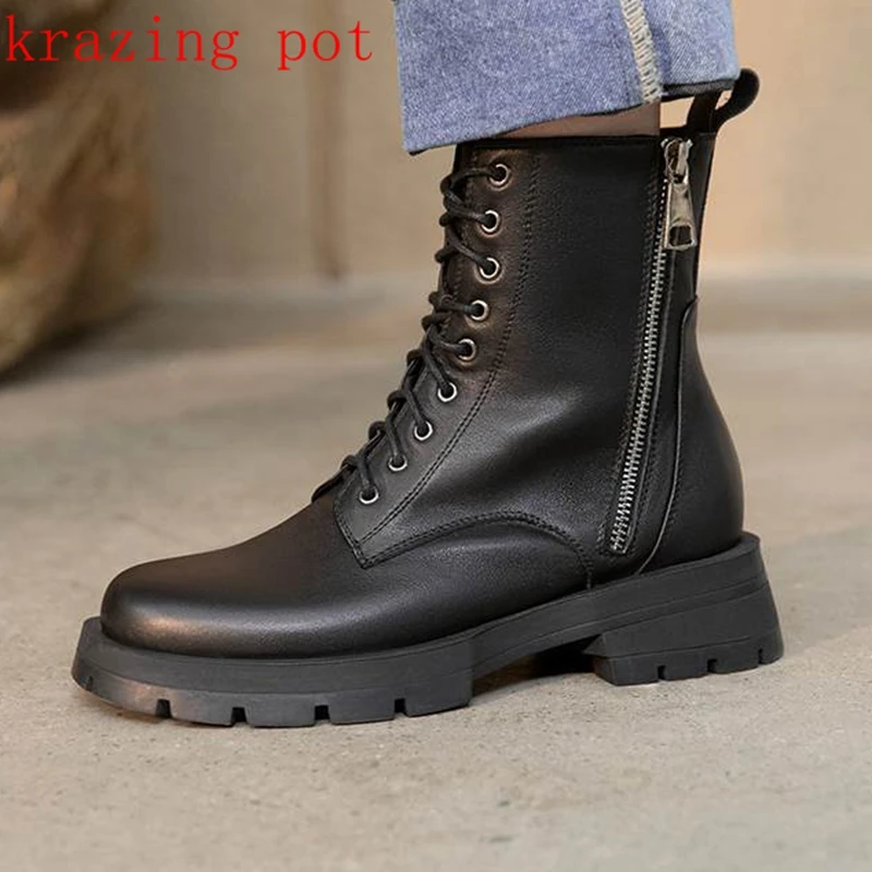 

krazing pot cow leather round toe med heels short riding boots gentlewomen zipper keep warm punk sexy neutral ankle boots l16
