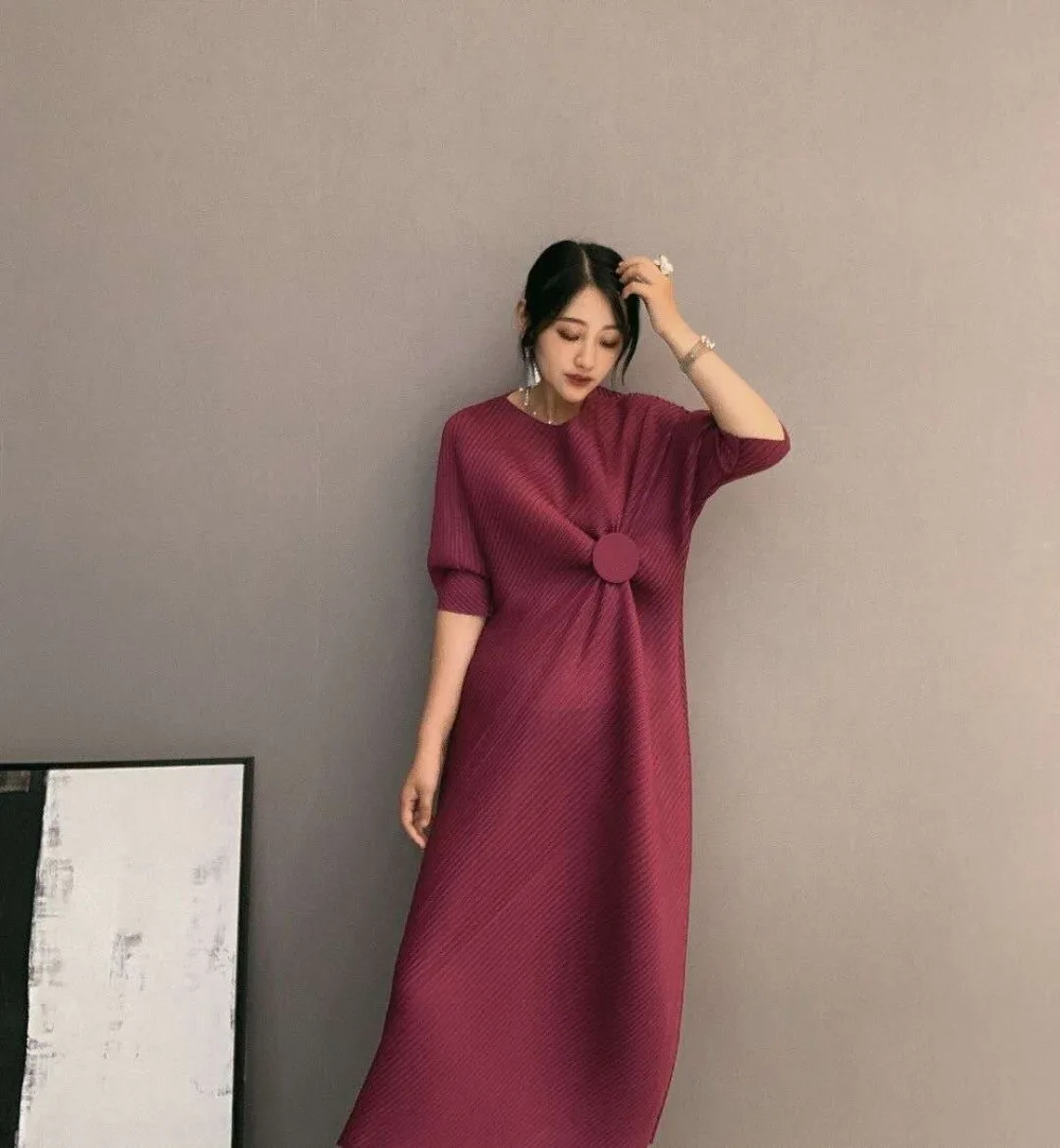 Miyake модное платье на запястье с коротким рукавом, с блестками, с круглым вырезом, со складками, на пуговицах, прямое платье