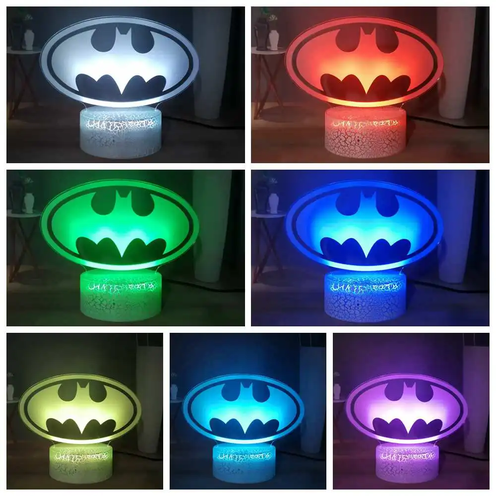 3D классная Настольная лампа с логотипом Бэтмена, RGB, 7 цветов, USB светодиодный Ночной светильник, прикроватная лампа супергероя Marvel, подарки для детей, подарок на день рождения