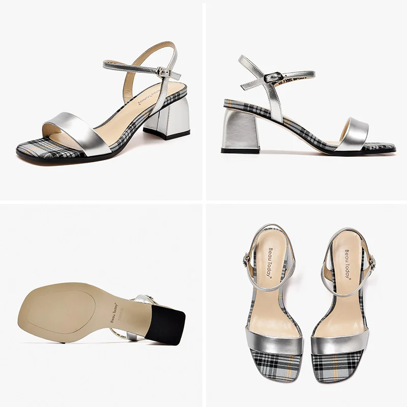 

BeauToday Sandals Women Patent Leather Plaid Square Toe Ankle Buckle Strap Summer Ladies Pumps High Heel Shoes Handmade 31055