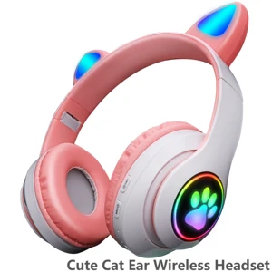 pink cute cat ears wireless headphone bluetooth compatible headset stereo foldable earphone with microphone music kid girl gift free global shipping