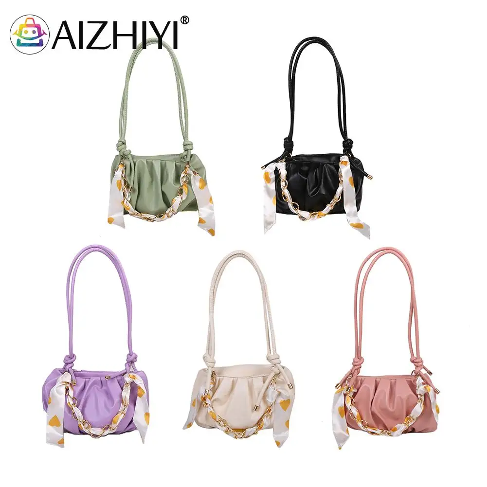 

Fashion Ladies Silk Scarf Crossbody Bags Small Female Pleated Pure Color Chain Shoulder Bags PU Leather Messenger Bags