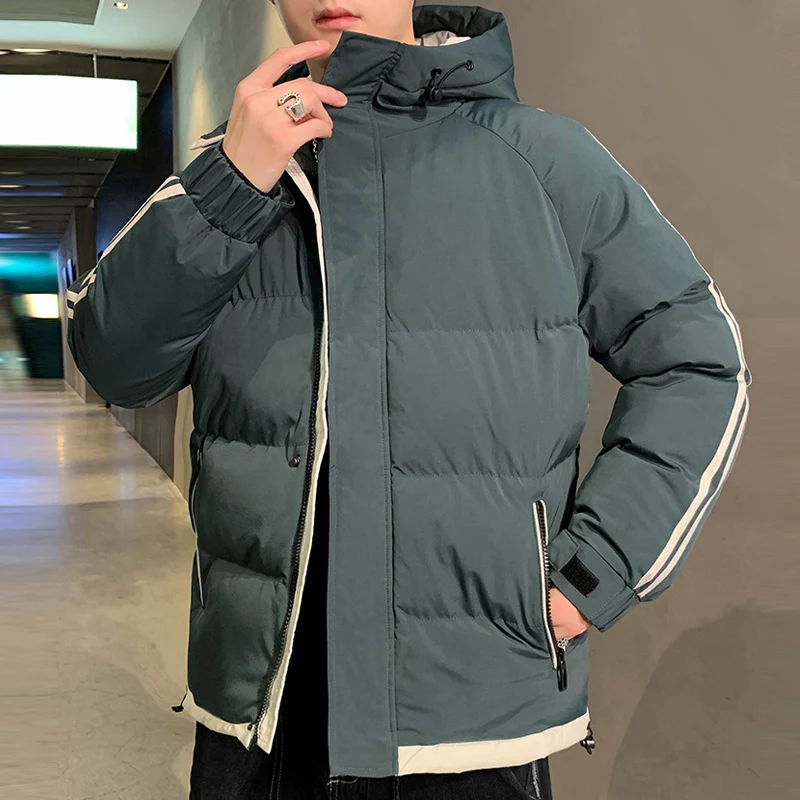 Men's Down Jacket Striped Thick Loose Down Hooded Boy Trench Coats Autumn Winter Clothing Hoodies Windbreaker Overcoat for Men