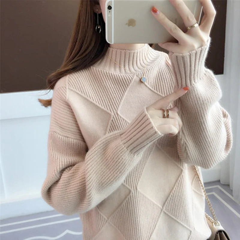 

Ailegogo Solid Sweaters 2019 Autumn Winter Female Turtleneck Casual Warm Ladies Knitted Sweater Pullovers Women's Jumpers Tops