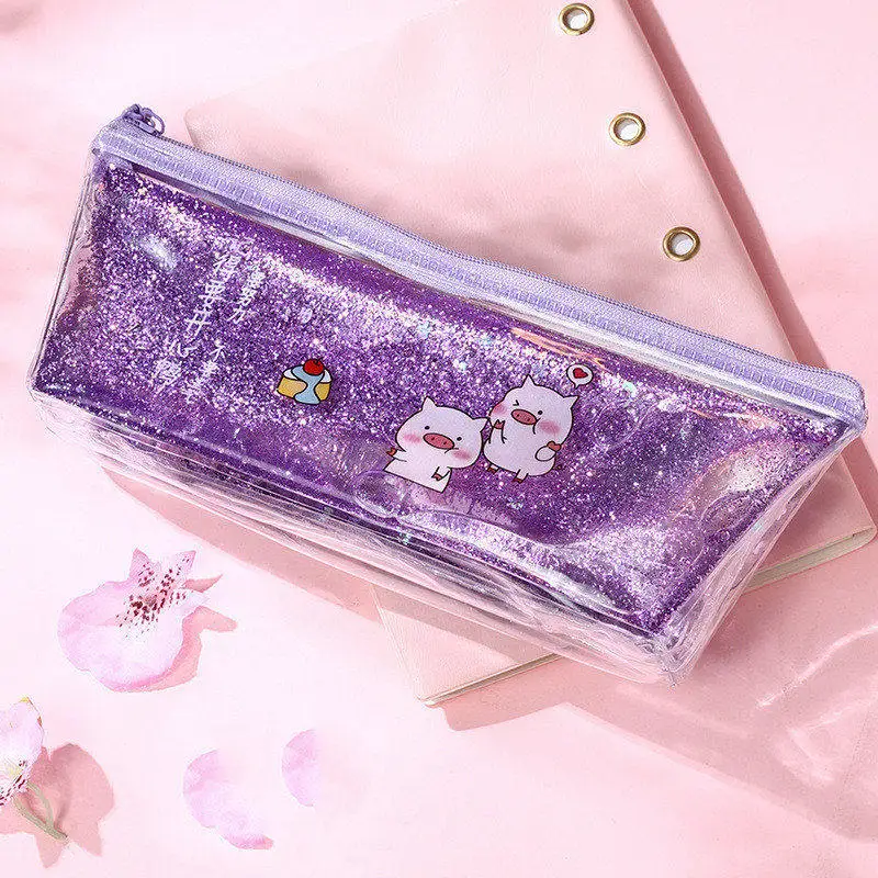 purple smaller Пенал для ручек, коробка для ручек, чехол для письма, зыбучий песок, жидкость, милый поросенок, конфетный цвет, золотой порошок, водонепроницаемый обучающий инструмент, школьные канцелярские принадлежности для детей - Цвет: purple smaller