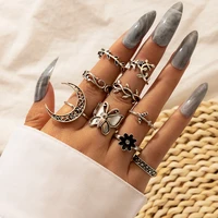 hi man 9 pcsset neo gothic mixed hollow moon leaves airplane butterfly flower star ring women elegant birthday gift jewelry