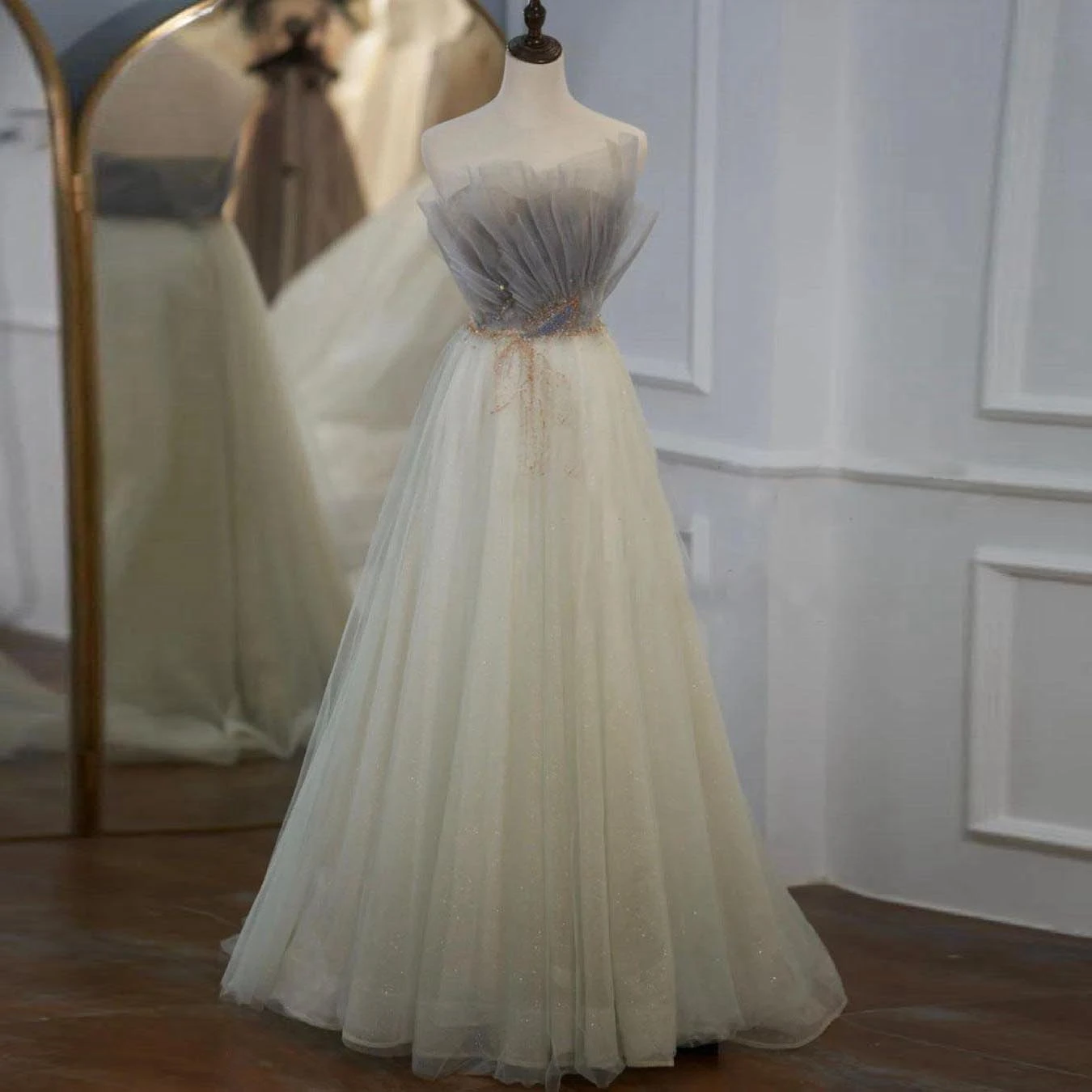 

Chic Grey Prom Dress Sequins Beaded Dress Strapless Lace-Up Back Dress Floor Length Evening Dress Customized Apricot Dress