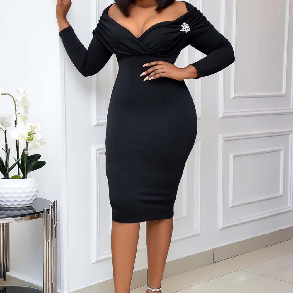 

2021 Fashion Elegant Bodycon Dress Women Autumn Sexy V Neck Full Sleeve Lady Midi Dress Plus Size Solid Party vestidos de fiesta