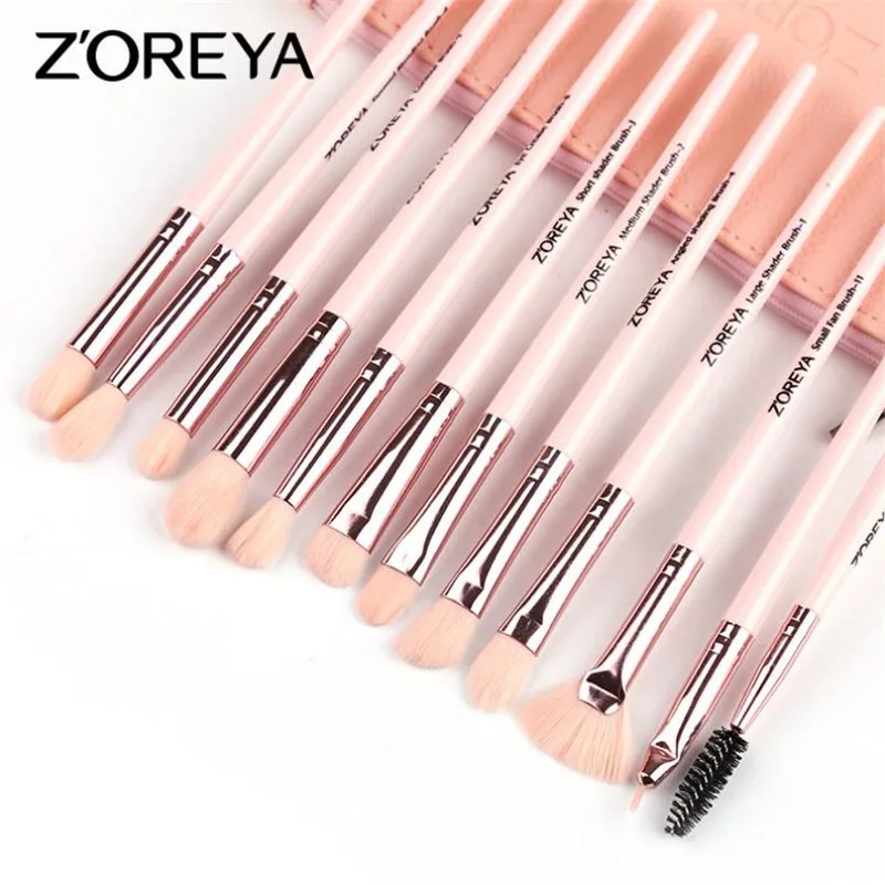 Pink ZOREYA 12 шт. Профессиональный набор кистей для макияжа глаз с полиуретановой сумкой розовый Золотой Черный Розовый Кисть для макияжа косметический инструмент brochas maquillaje 15#831 - Handle Color: Pink