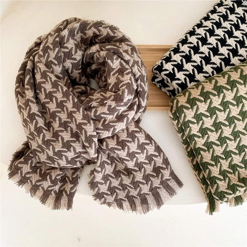

Шерстяной вязаный шарф, декоративный клетчатый сохраняющий тепло, с кисточками, женская версия, длинное одеяло, зимний дикий шарф