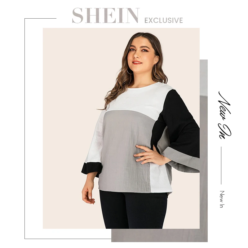 SHEIN/большие размеры; разноцветная блуза с широкими рукавами; Женская Повседневная блуза с круглым вырезом; сезон весна-осень; abaya Plus