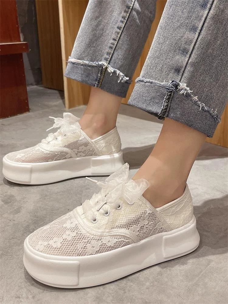 

Woman Flats New Hollow Mesh Lace Up Single Shoes Versatile Breathable Casual Women's Sneakers Leisure Loafers White