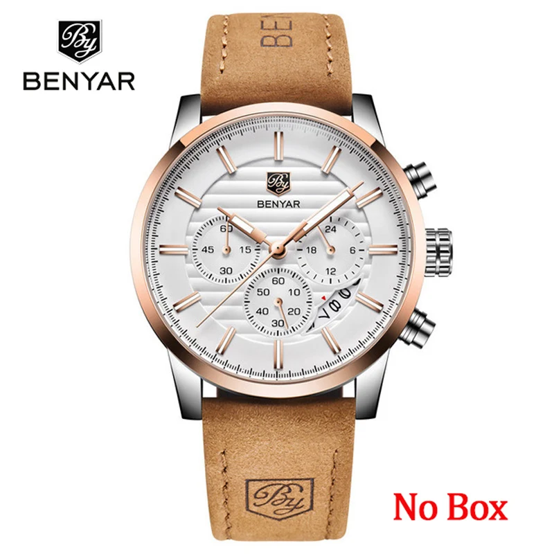 Gold White No Box BENYAR Топ бренд Роскошные мужские часы Повседневная мода Хронограф Спортивные военные кварцевые наручные часы Relogio Masculino - Цвет: Gold White No Box