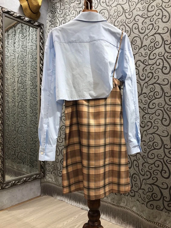 

2021 spring and summer new women's lapel irregular color matching plaid fake two-piece dress 318