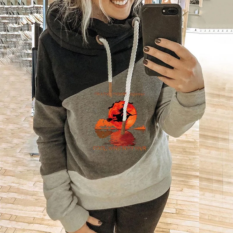 

Autumn Winter Fashion Drawstring Tops Pullover Vintage Patchwork Print Women Hoodies Casual Long Sleeve Lady Hoodie Sweatshirts