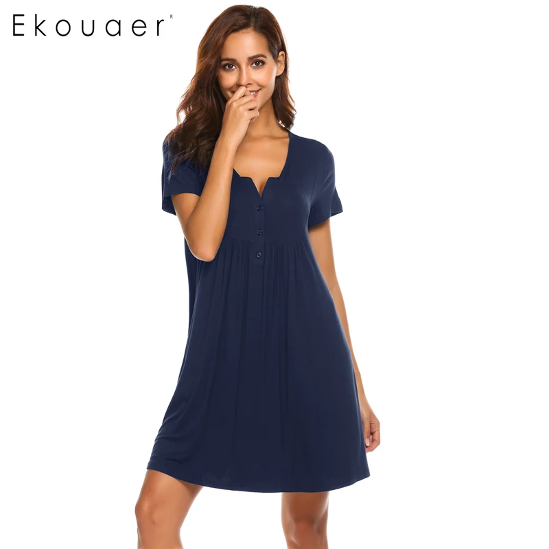Navy blue Ekouaer ночные рубашки, пижамы для женщин, v-образный вырез, короткий рукав, плиссированная туника, рубашки для сна, ночная рубашка для кормящих - Цвет: Navy blue