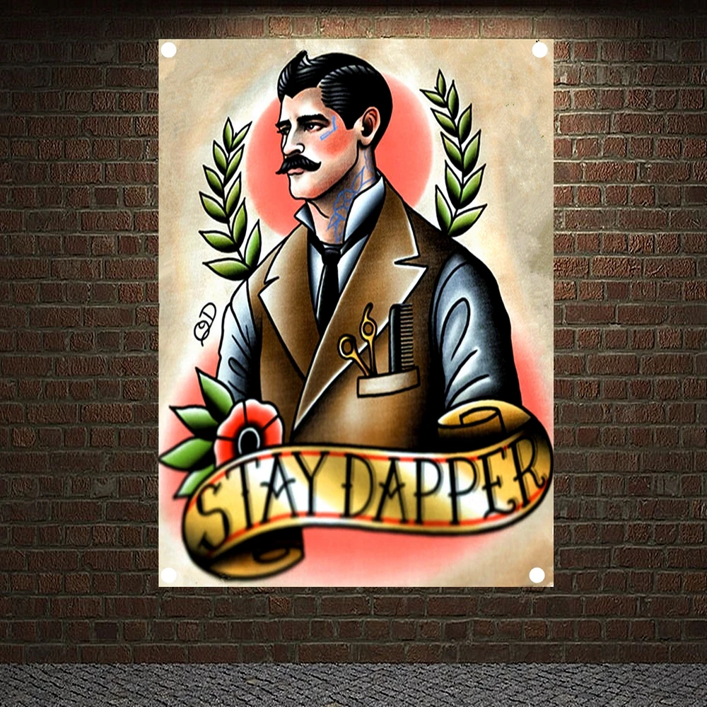 

STAY DAPPER Tattoo Banners Vintage Canvas Painting Wall Art Print Posters Home Decor Mural Hanging Flag 4 Gromments in Corners