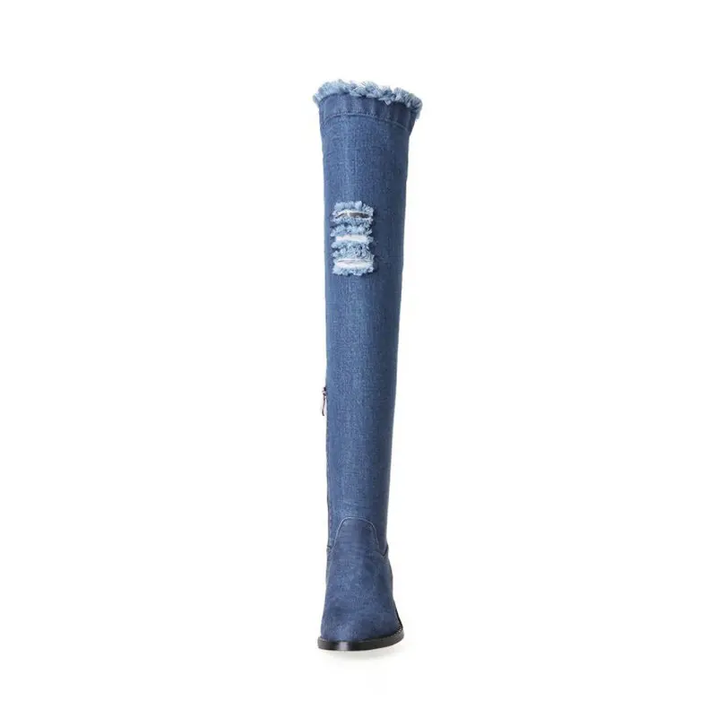 

ZawsThia 2020 fashion Apring autumn women boots round toe zipper ladies denim boots square heel blue sexy over the knee boots