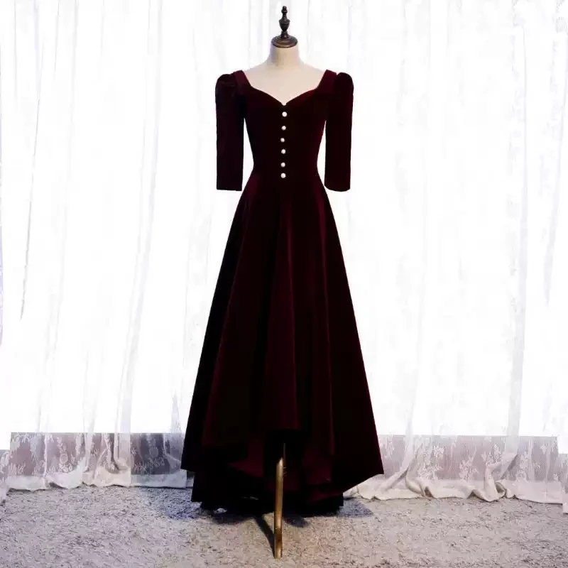 

Бордовое модное вечернее платье на пуговицах с V-образным вырезом, простое платье-трапеция с рюшами и рукавом до локтя, платье в пол для вече...