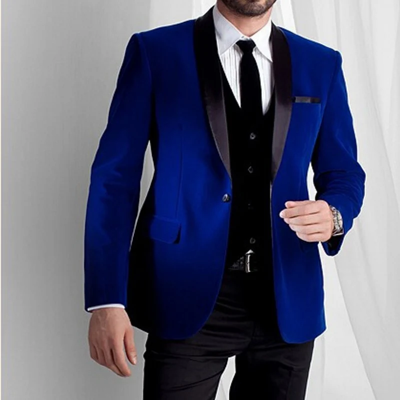 

3 piece Velvet Wedding Tuxedo for Groomsmen Royal Blue Man Suits with Black Shawl lapel Man Fashion Jacket Vest Black Pants
