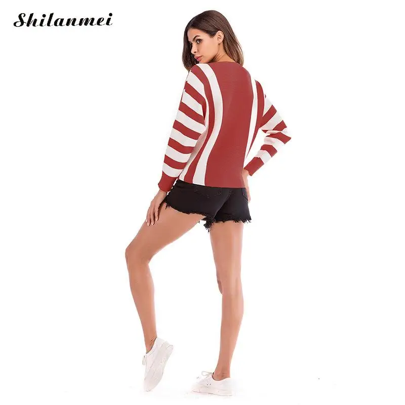 Винтажный красный женский свитер пуловеры полосатые Лоскутные свободные