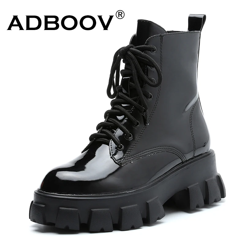 

ADBOOV Patent Leather Boots Women Fur Lining Ankle Boots Winter Shoes Black Thick Sole Platform Motorcycle Boots Female