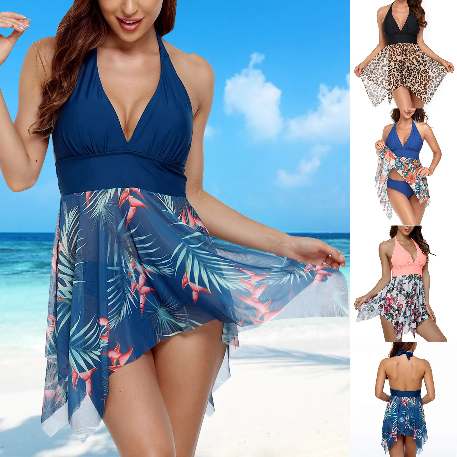 

Купальник из двух частей, сетчатый купальный костюм с лямкой на шее, женский купальник, элегантный купальник большого размера с разрезом