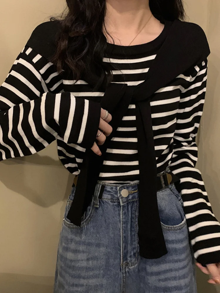 Новинка 2021 студенческий Полосатый Топ с длинным рукавом свитер женская