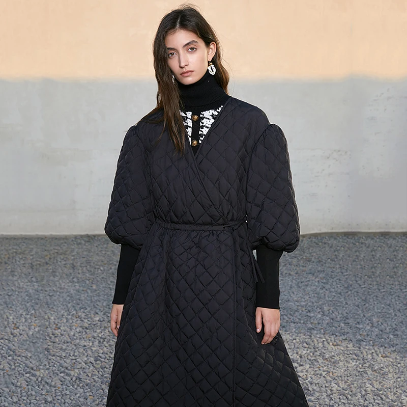 

Loose Fit Argyle Pattern Down Jacket New V-collar Long Sleeve Warm Women Parkas Fashion Tide Autumn Winter 2021 Hot
