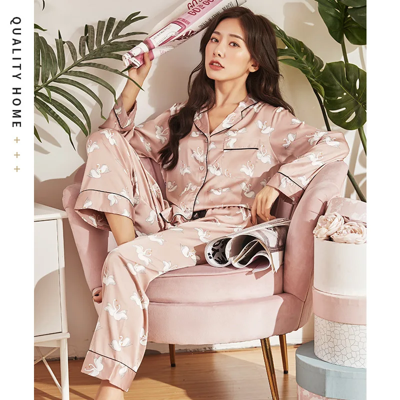 

Batas De Dormir Para Mujer Ladies Ice Silk Pajamas Autumn New Long-sleeved Satin Swan Home Service Suit Pizama Damska Sleep Tops