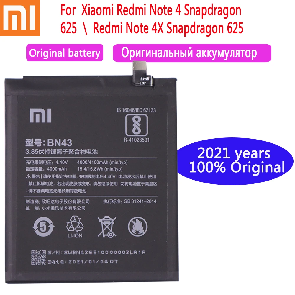 

4000mAh 2021 years 100% xiaomi Original Battery BN43 For Xiaomi Redmi Note 4X Note 4 global Snapdragon 625 Phone Battery