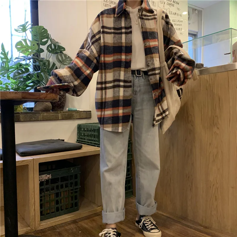 Корейская клетчатая рубашка женская одежда Harajuku однобортная Осенняя рубашка с длинными рукавами женская рубашка большого размера с отворотом Женская