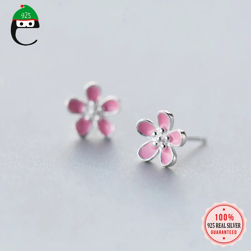 ElfoPlataSi 100% 925 твердая Женская мода 9 мм x розовый цветок серьги-гвоздики для девочек