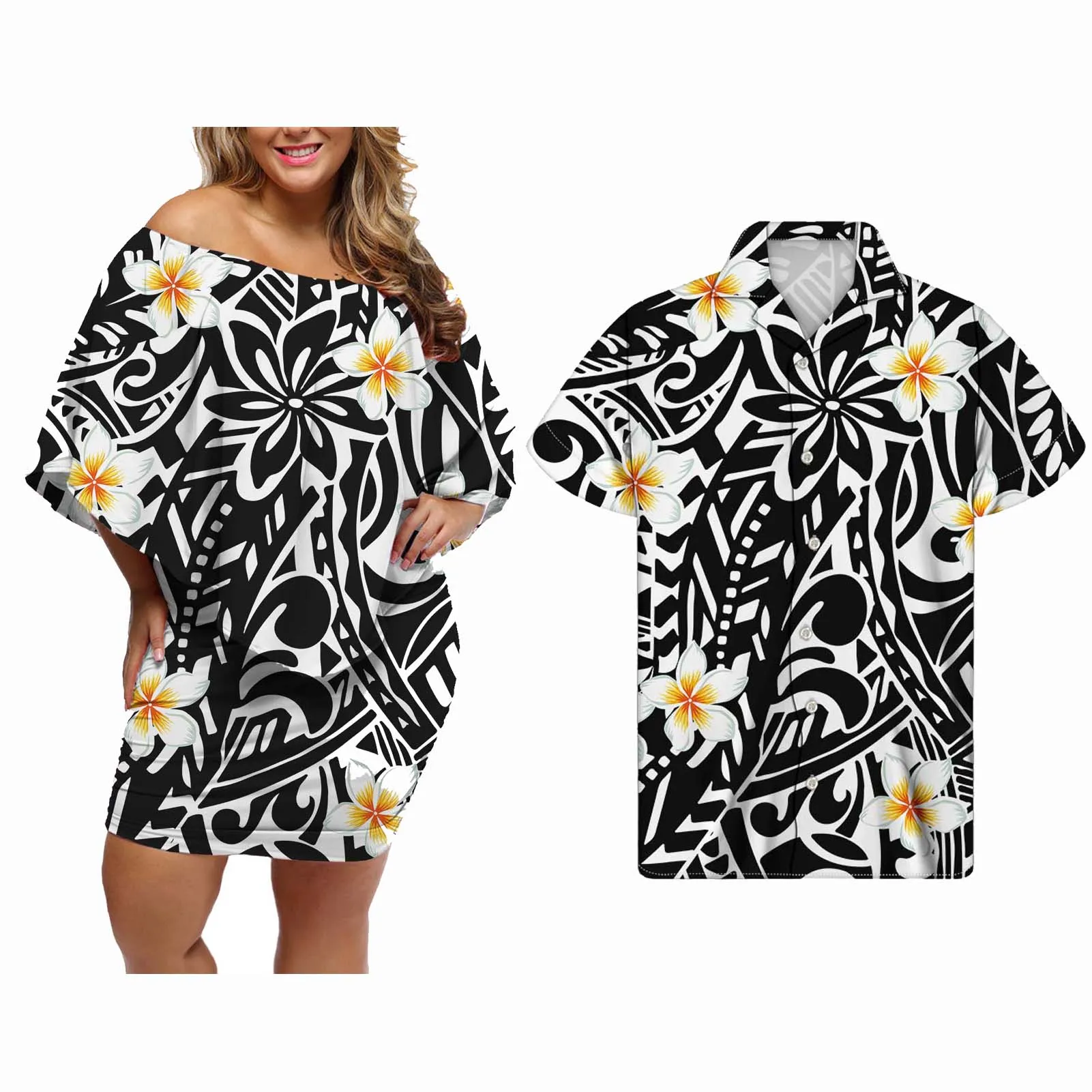 

Hycool Drop Shipping Hibiscus Print Lady Sexy Club Party Dress Custom Women Plus Size Bodycon Black Dresses Match Men Shirt 2021