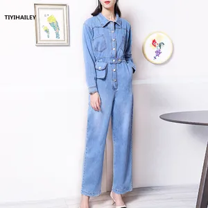 TIYIHAILEY Free Shipping Safari Style Long Sleeve Women Denim Jumpsuit And Rompers S-XL Autumn Trousers Single Button Pockets