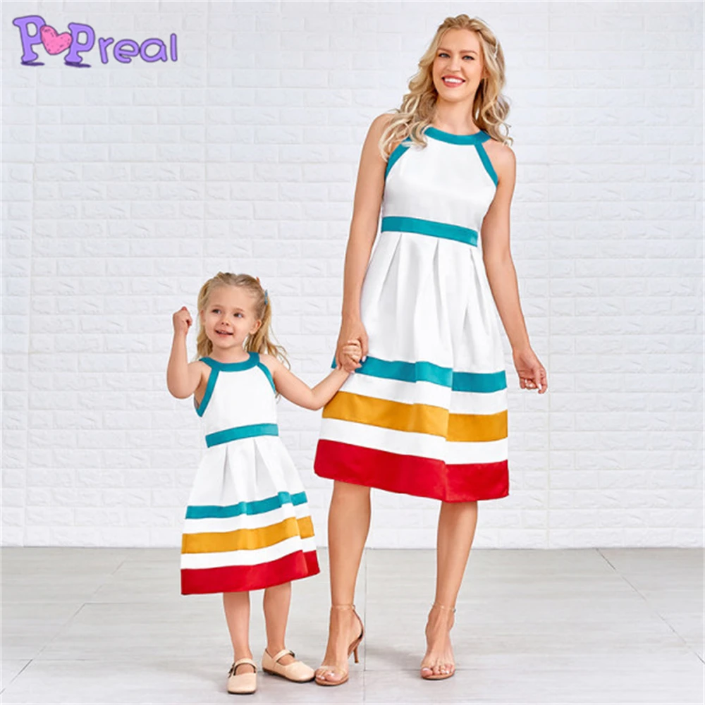 

PopReal Summer Mom And Daughter Dress Fashion Stripe Print Halter Mother Kids Dress Family Matching Outfits Family Look