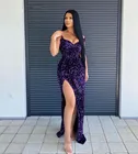 Женское длинное вечернее платье с блестками, фиолетовое и черное платье с юбкой-годе, с высоким разрезом, V-образным вырезом и лямками, сексуальное официальное платье, 2022