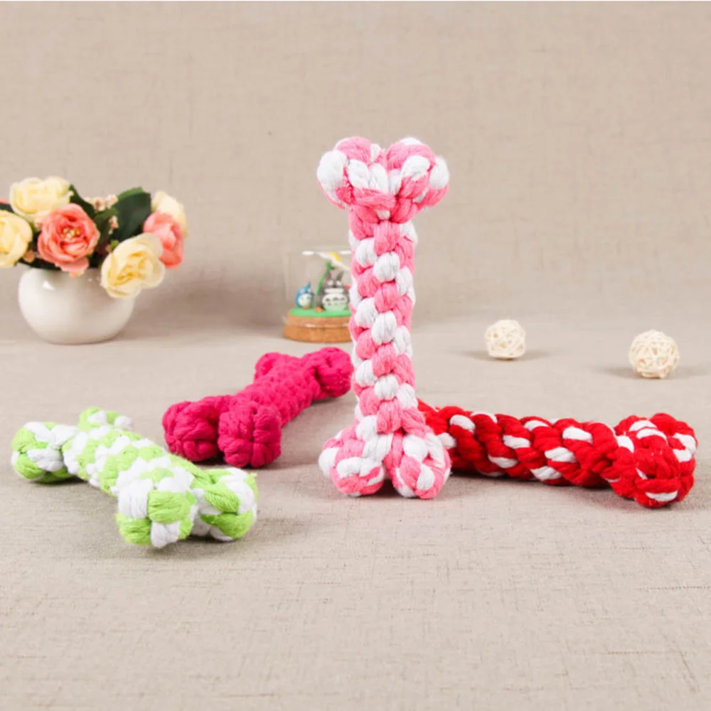 

1pc Weaving Teddy Dog Chew Rope Bone Shaped Toys Puppy Cotton Knot Toys Molar Tooth Cleaning Pet Bite Rope Training