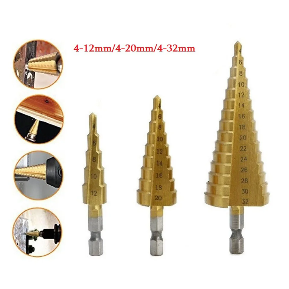 

Steel Step Cone Drill Metal Hole Cutter 4-32/20/12mm + Pouch Large Golden 3PCS