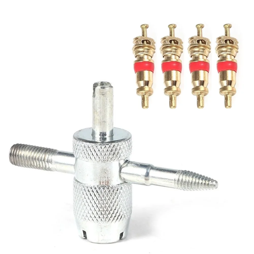 

4 Way Tyre Valve Repair Remover Tool Car Bike Tire Accessory + 4 Valve Stem Core New 2017
