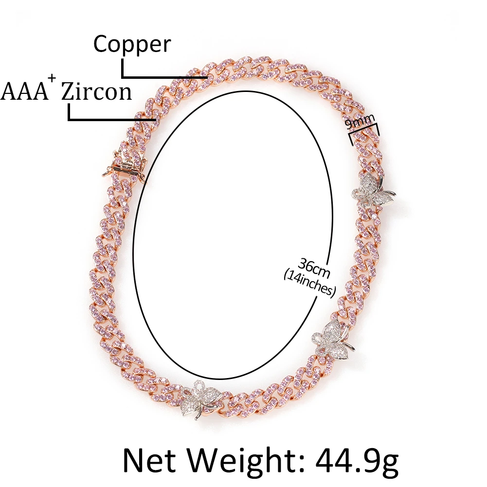 

Uwin Mini Butterfly Cuban Link 9mm Pink choker Cz Punk Miami Link Bling Bling Hip Hop Jewelry For Gift