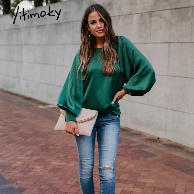 Зеленые атласные элегантные блузки женские рубашки с длинным рукавом