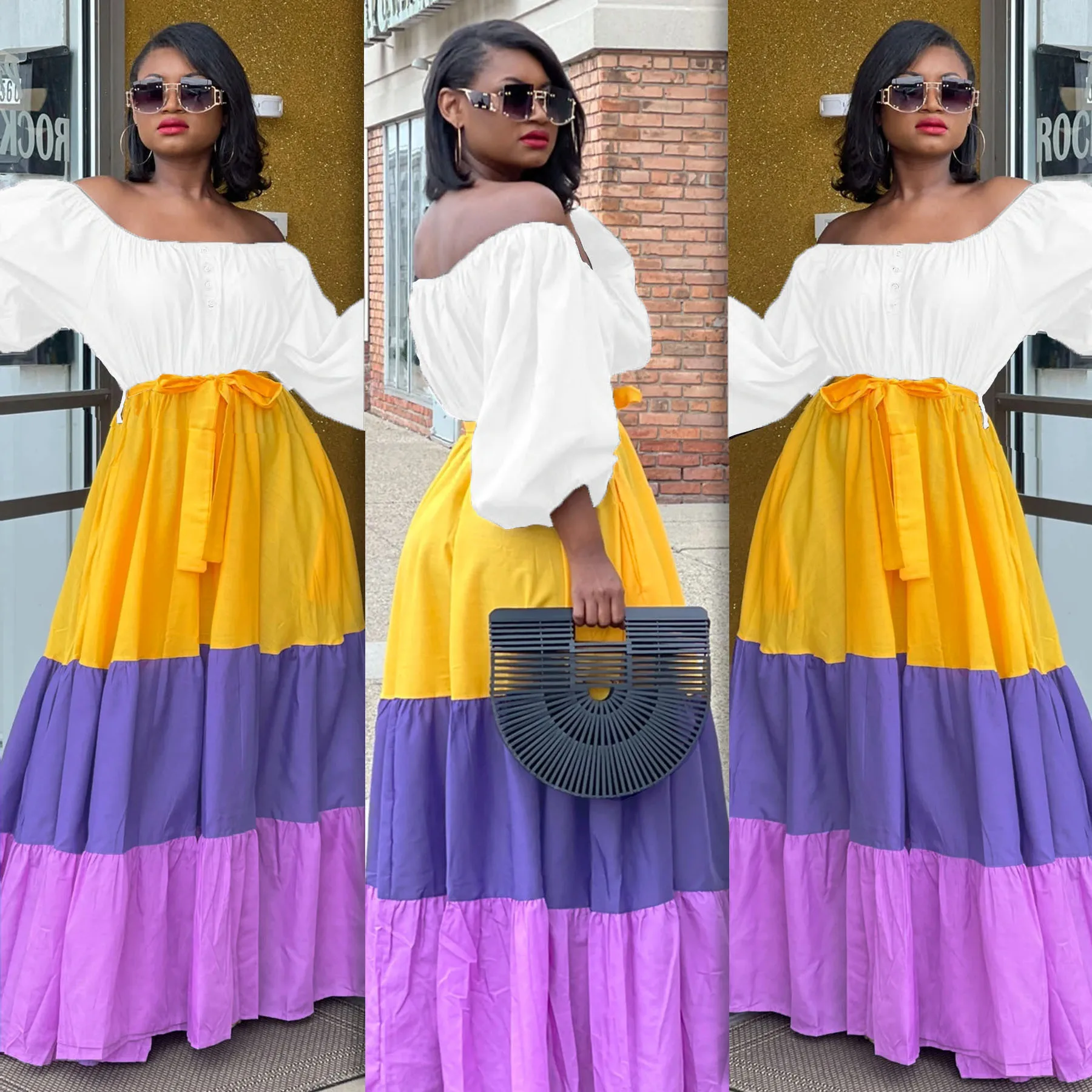 

Casual Women Dress Color Patchwork Pulf Sleeve Bandgae Long Dress Clothes For Women Outfit