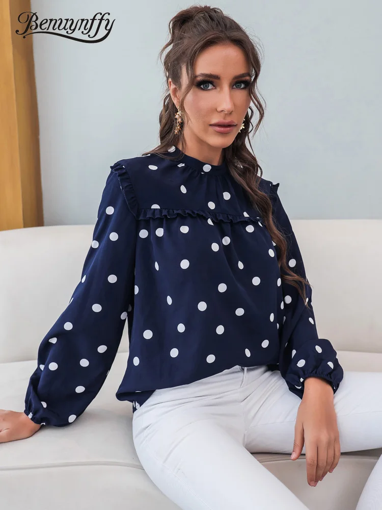 

Benuynffy Stand Collar Keyhole Back Polka Dot Blouse Women Autumn Frill Trim Long Sleeve Office Casual Ladies Tops and Blouses