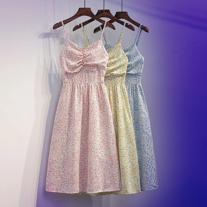 

Flower Print Halter Dress Women Summer Plus Size Spaghetti Strap Sleeveless Sexy Dresses High Waist Elegant Sweet Dress Girl