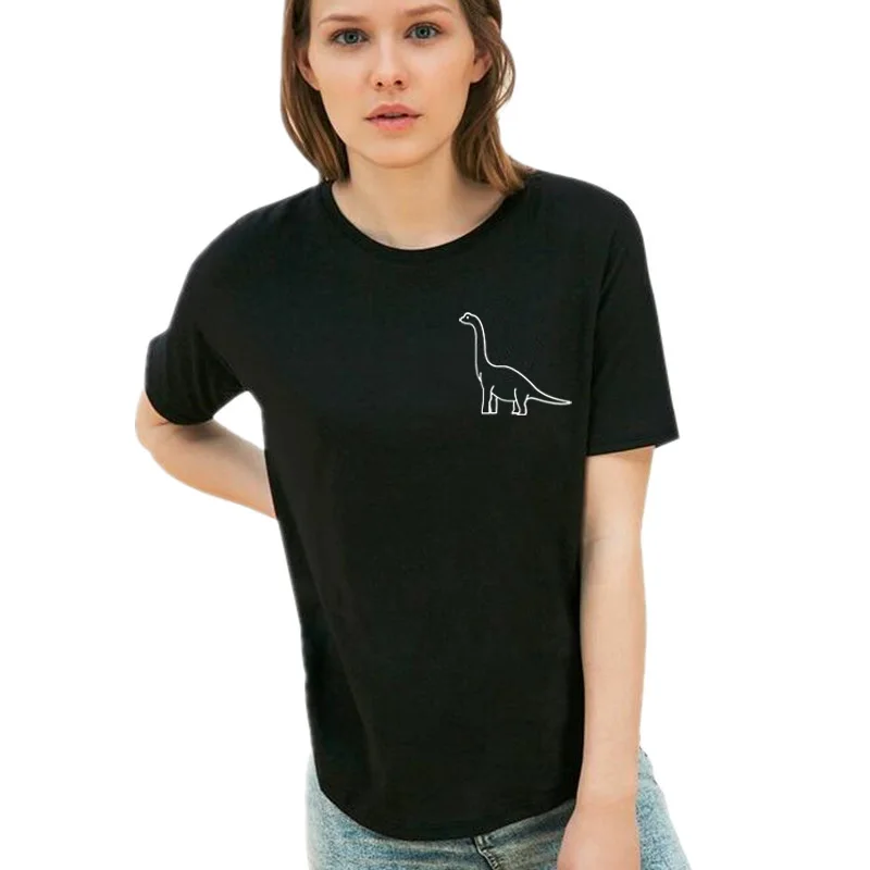 

Cute Dinosaur T Shirt Women Harajuku Cartoon Pocket Tshirt Crawl Animal Brontosaurus Tee Shirt Black and White Tee